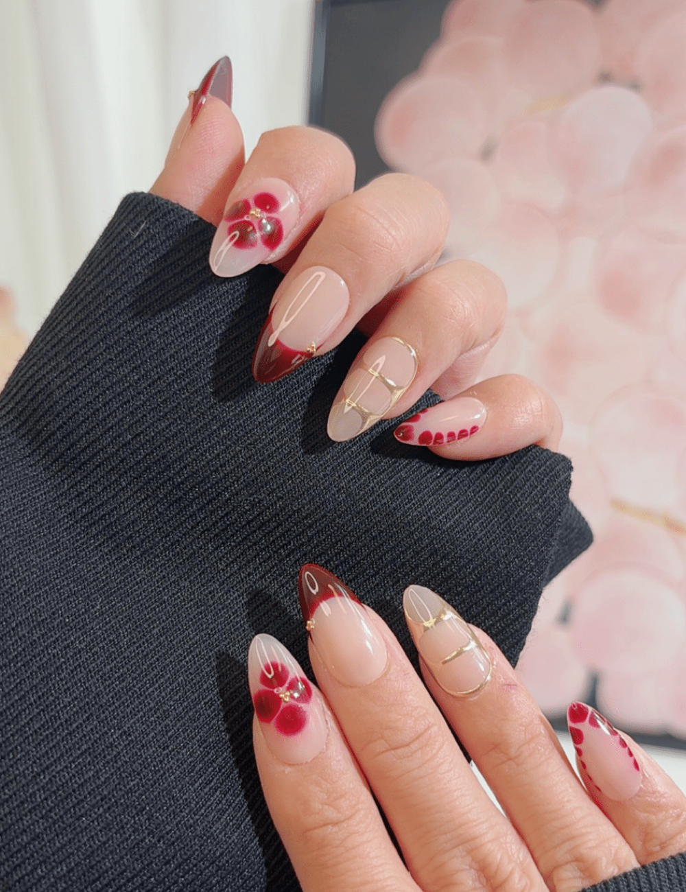 Burgundy Floral Art on Nude Base Burgundy Floral Art on Nude Base — Burgundy Nails
