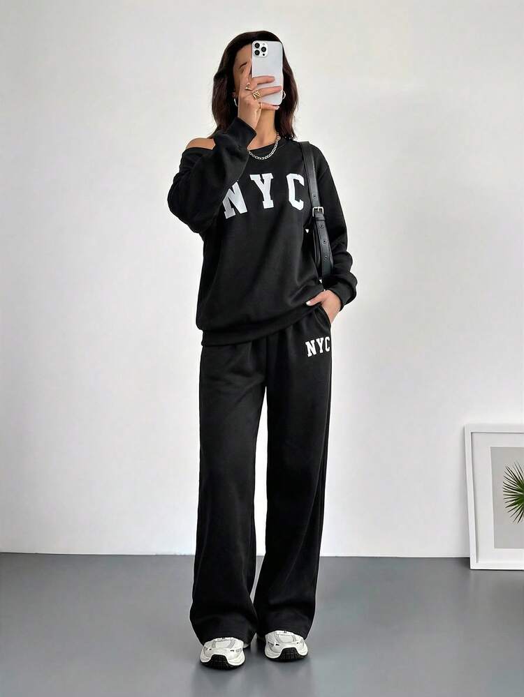 'NYC' Graphic Sweatshirt and Wide-Leg Pants — Winter Streetwear Outfits