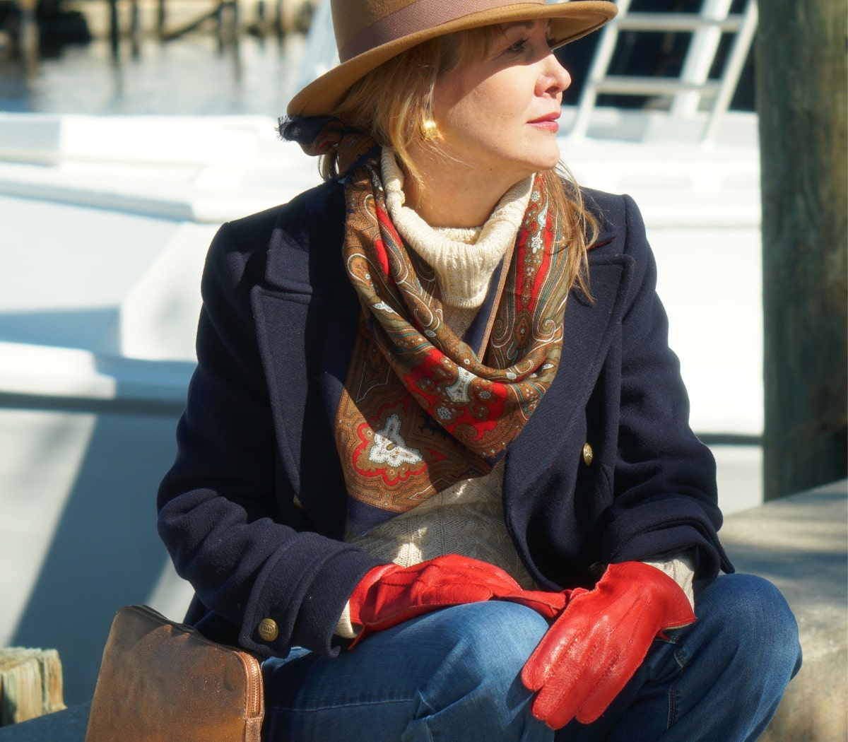 Sophisticated Navy Coat with Red Gloves Sophisticated Navy Coat with Red Gloves — Winter Outfits for Women Over 50