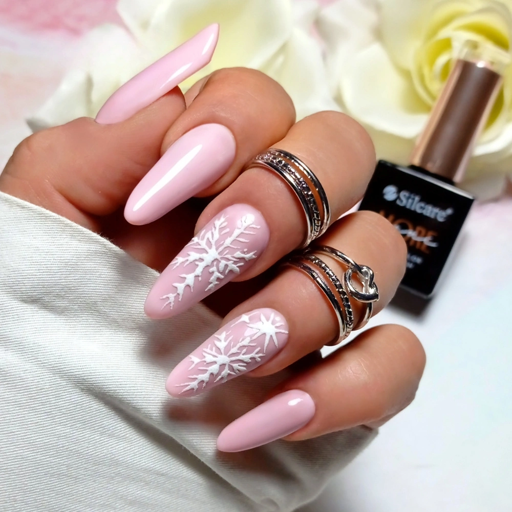 White Snowflake Decals On Accent Nails Visual Idea White Snowflake Decals On Accent Nails Visual Idea — Winter Pink Nails
