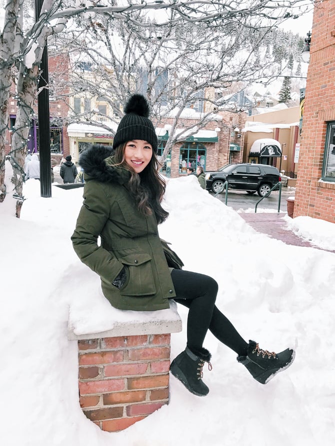 Green Parka and Black Boots with Red Accents Green Parka and Black Boots with Red Accents — Snow Boots Outfits