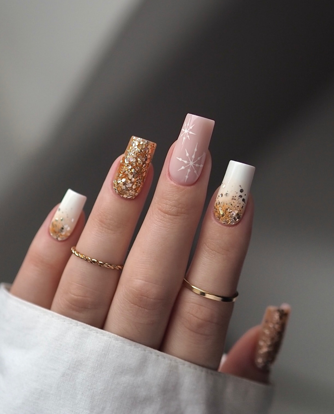 Soft Pink Gold Glitter Snowflake Nails Soft Pink Gold Glitter Snowflake Nails — Classy Winter Nails
