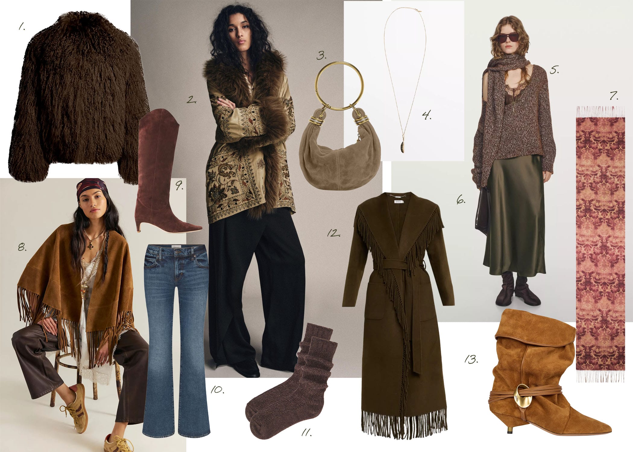 Faux Fur Jacket with Fringed Poncho and Suede Boots — Boho Winter Outfits