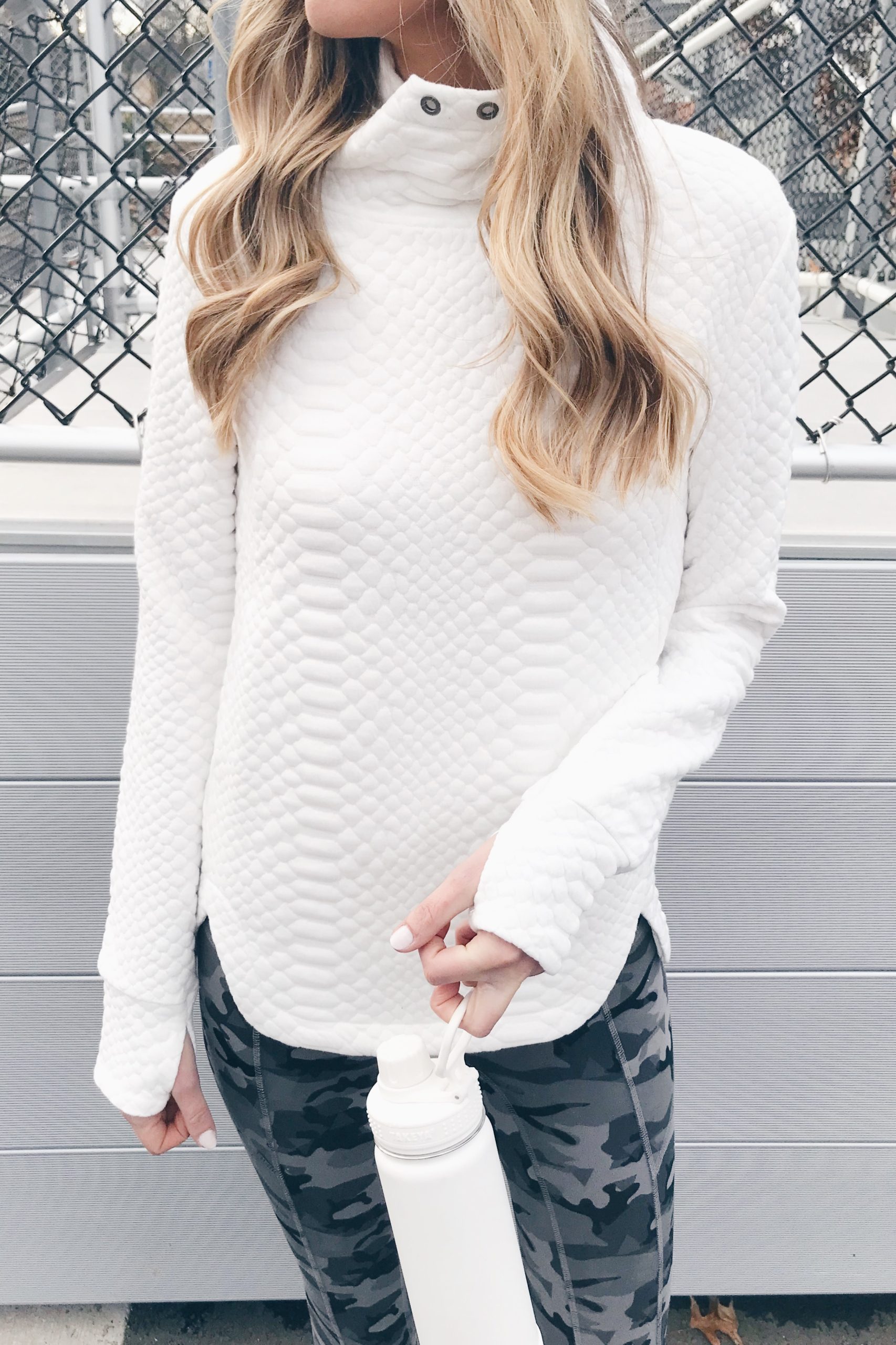 White Quilted Sweatshirt with Camouflage Leggings — Winter Athleisure Outfits
