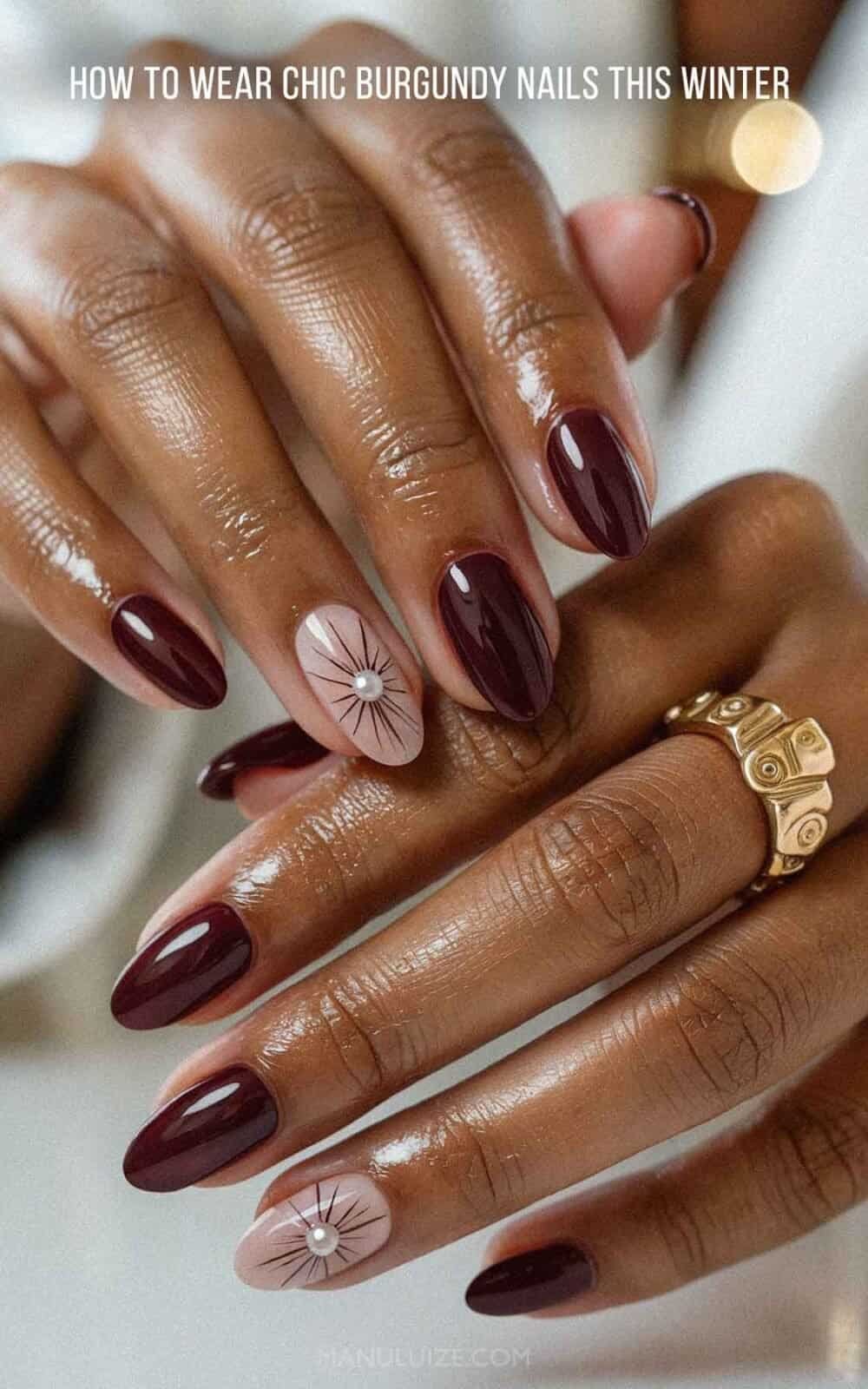 Burgundy Pearl Starburst Accent Almonds Burgundy Pearl Starburst Accent Almonds — Winter Formal Nails