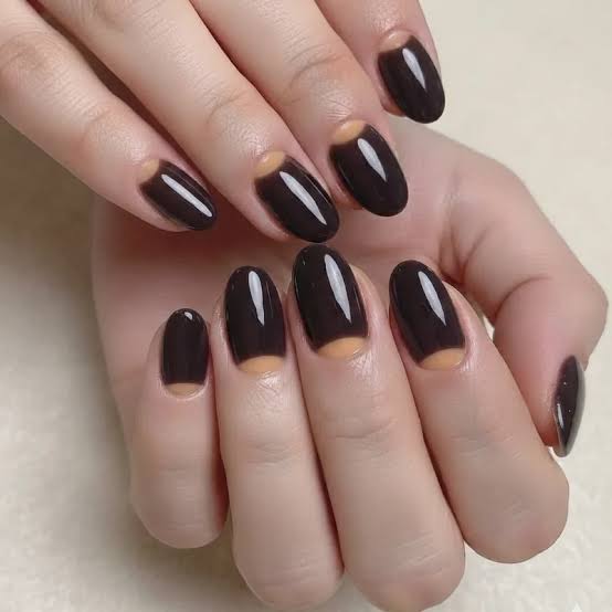 Medium Oval Deep Brown Reverse French Nails Medium Oval Deep Brown Reverse French Nails — Winter Nail Colors for Women Over 60