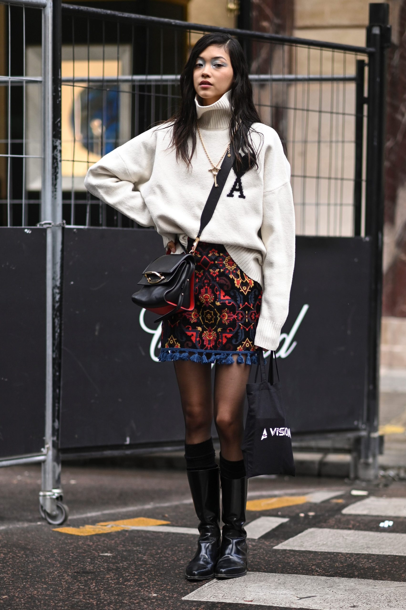Statement Skirt: Cream Sweater with Patterned Mini — Minimalist Winter Outfits