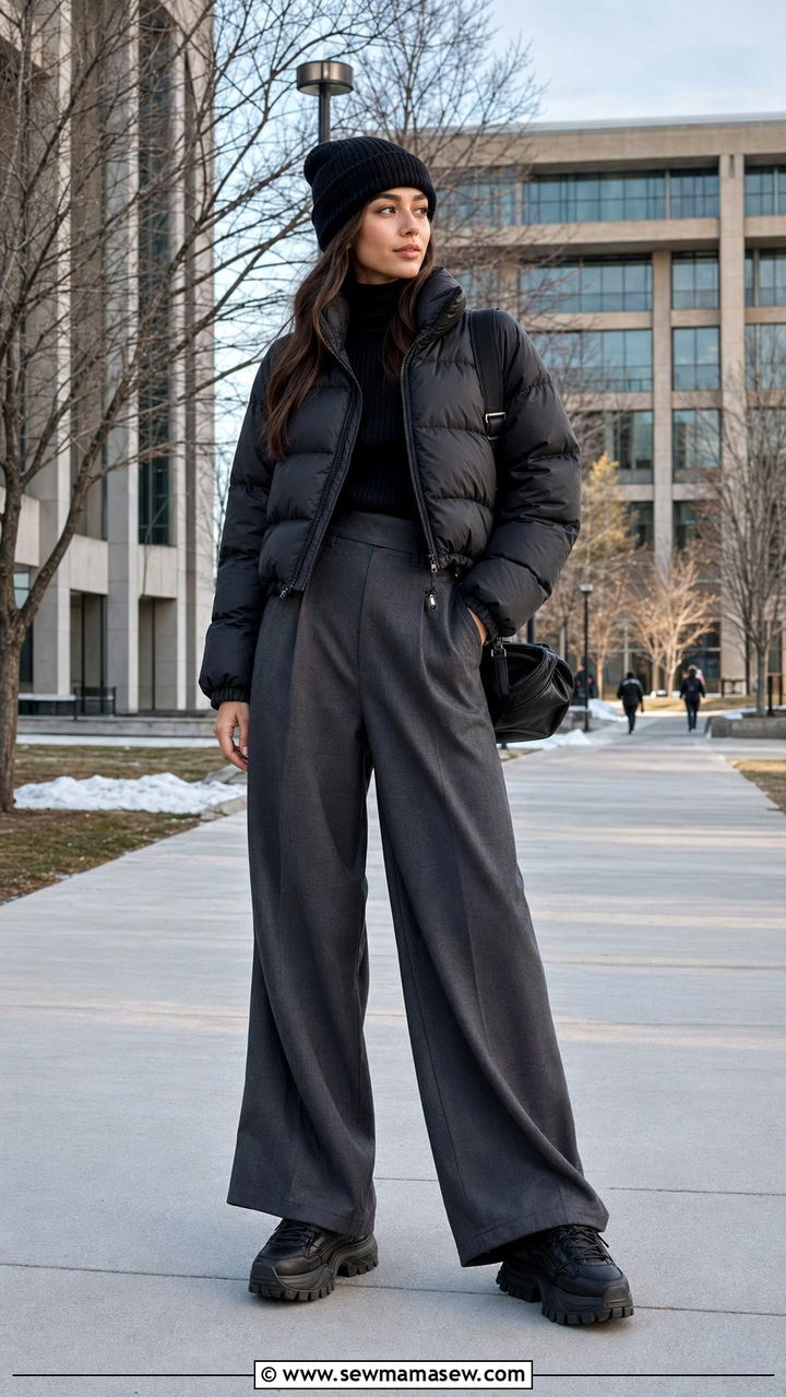 Cropped Puffer Jacket with Wide-Leg Trousers Cropped Puffer Jacket with Wide-Leg Trousers — Winter School Outfits