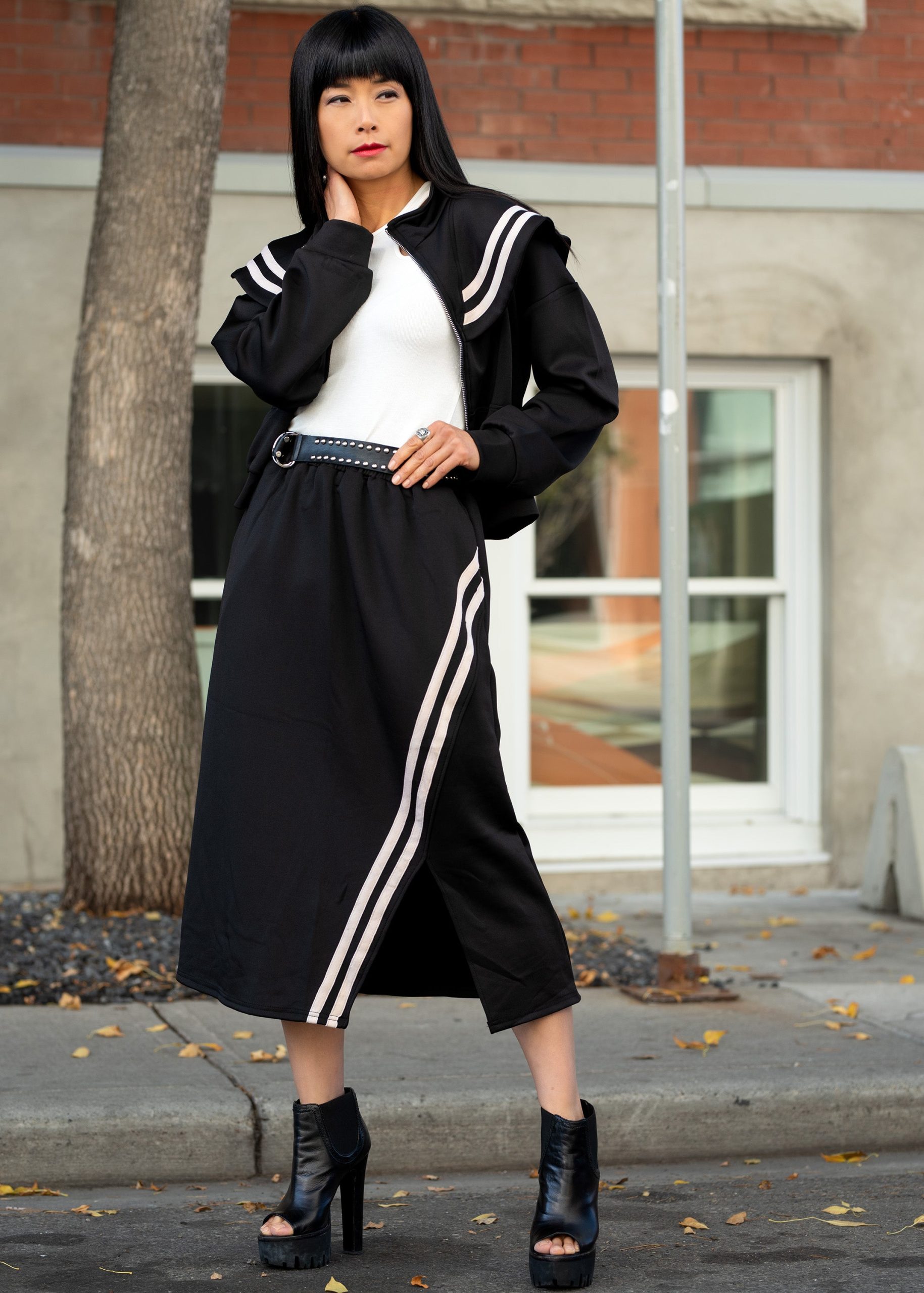 Black Midi Skirt with White Stripes and Platform Boots — Winter Skirt Outfits