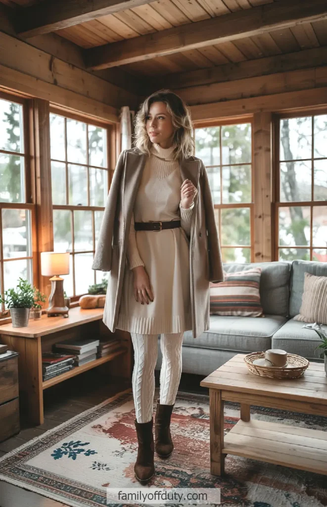 Cable-Knit Elegance: Belted Dress and Coat Drape Cable-Knit Elegance: Belted Dress and Coat Drape — Cabin Trip Outfits
