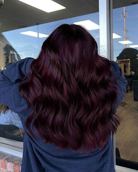 Layers Rich Burgundy Mid-Back Waves Layers Rich Burgundy Mid-Back Waves — Burgundy Hair Color