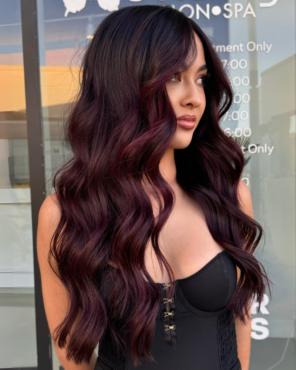 Mid-Back Plum With Red and Purple Highlights — Plum Hair Color