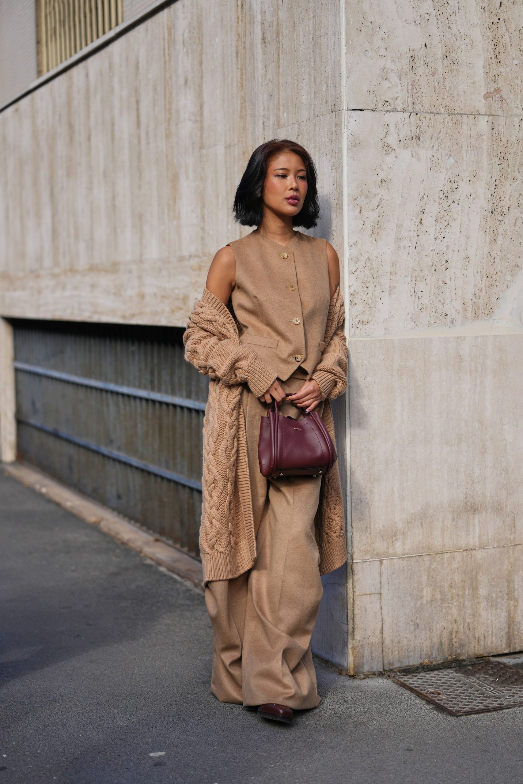 Beige Cable Knit Cardigan Draped Over Vest and Wide-Leg Trousers — Cardigan Outfits