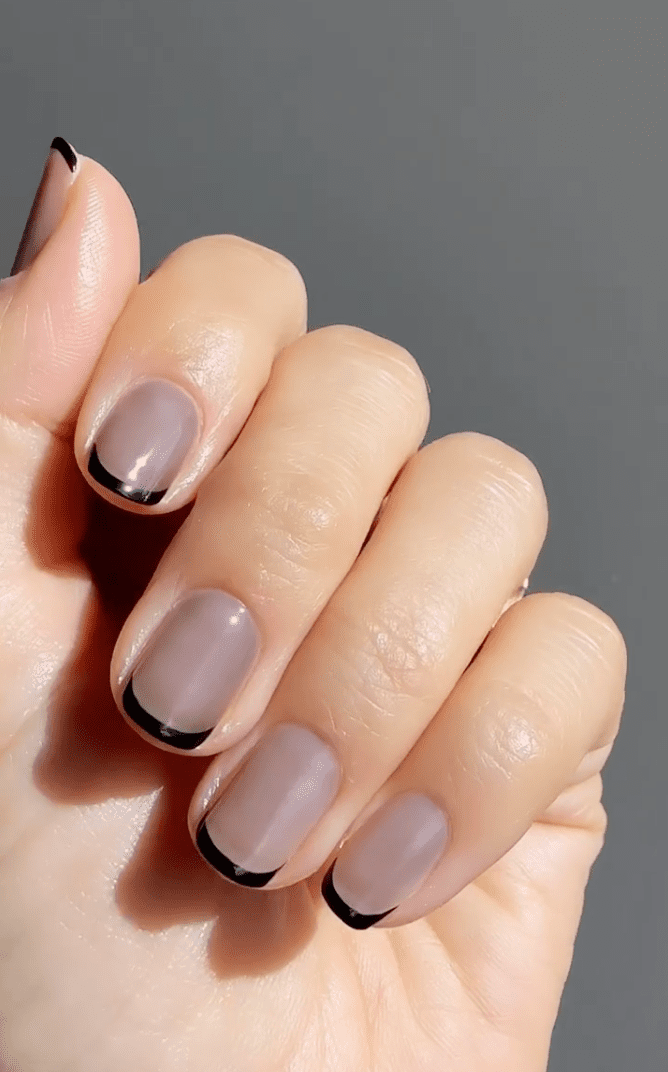 Taupe Base with Thin Black French Taupe Base with Thin Black French — trendy simple nail designs