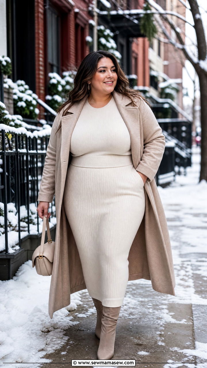 Ribbed Knit Midi Dress with Longline Coat for Elegant Winter Wear Winter Outfits for Curvy Women