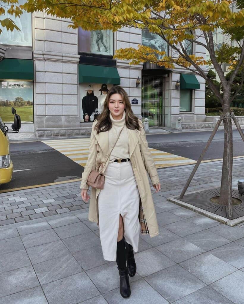 Beige Trench Coat with Cream Turtleneck and Midi Skirt — Korean Winter Outfits