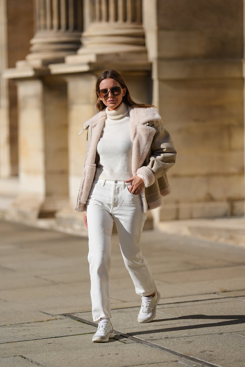 Beige Shearling Jacket Over White Turtleneck and Jeans — Winter White Outfits