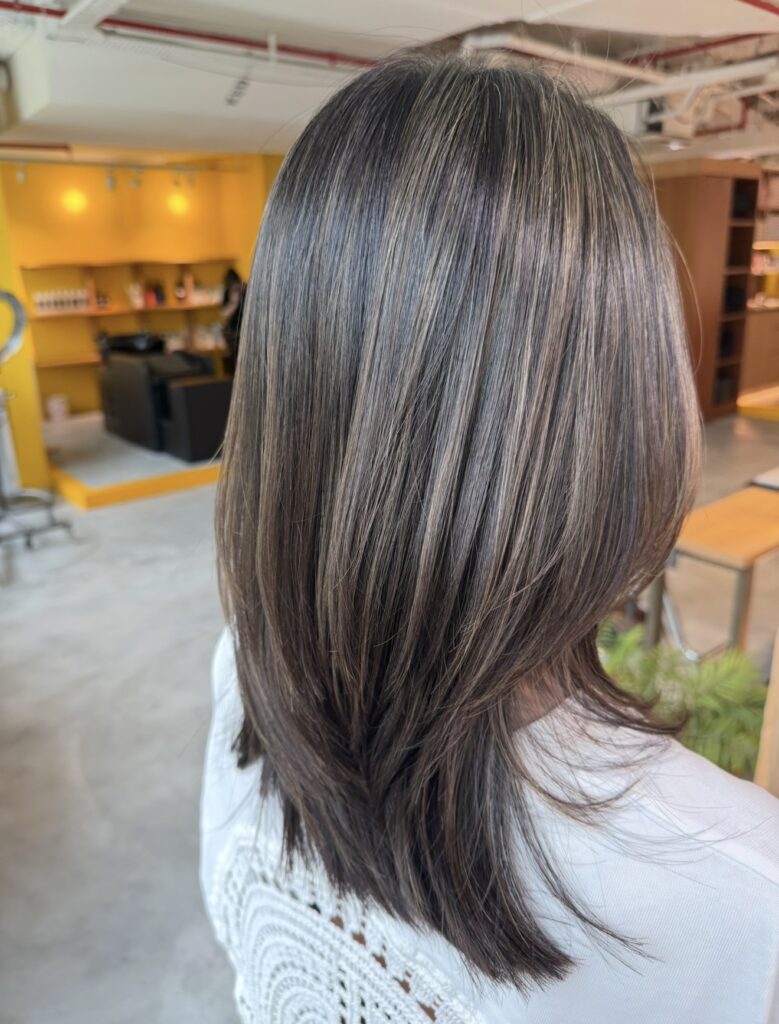 Blowout With Soft Waves Collarbone Lob Dark Brown Ash — Gray Blending Highlights