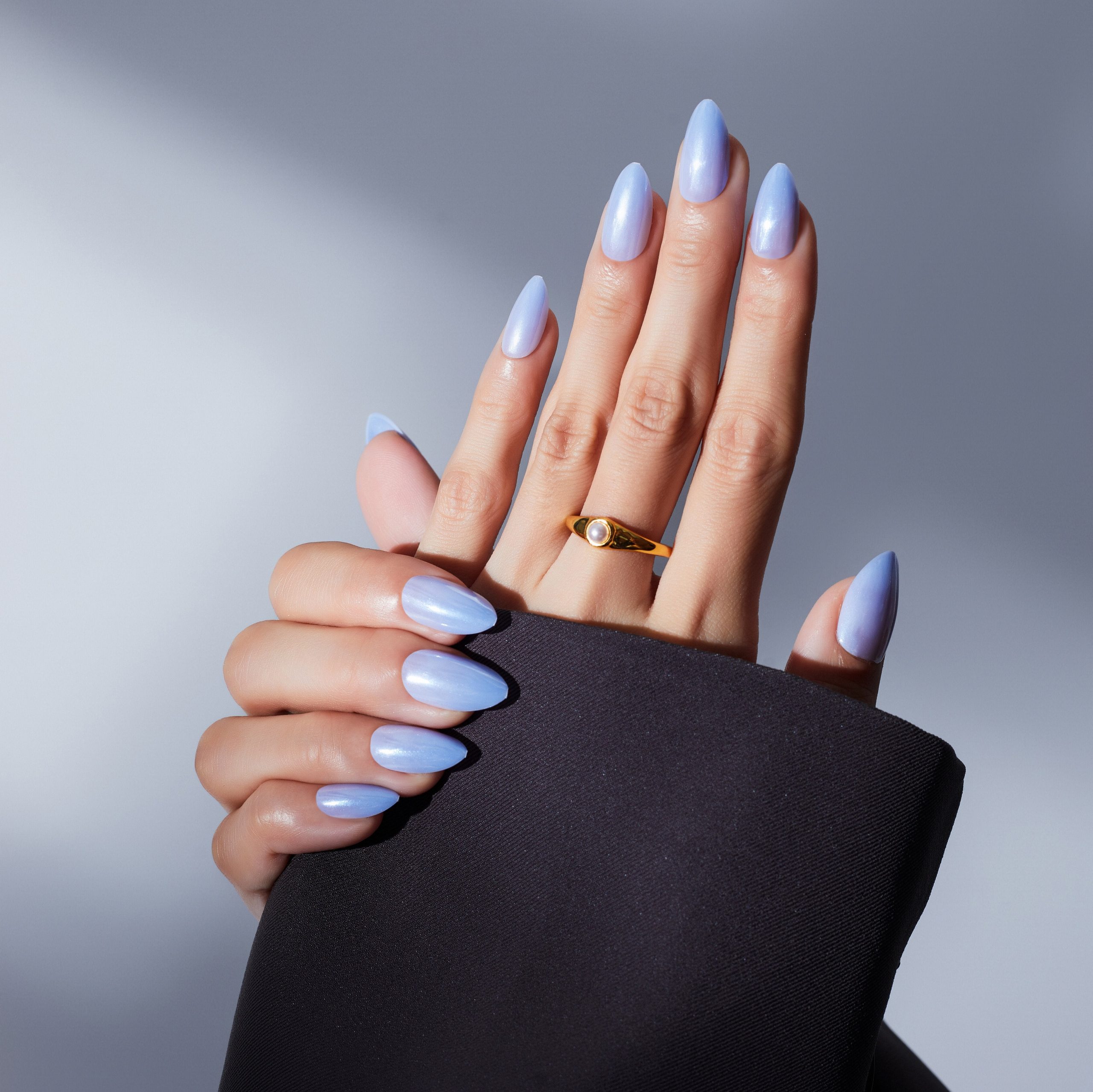Soft Pearlescent Glossy Almonds — Icy Blue Nails