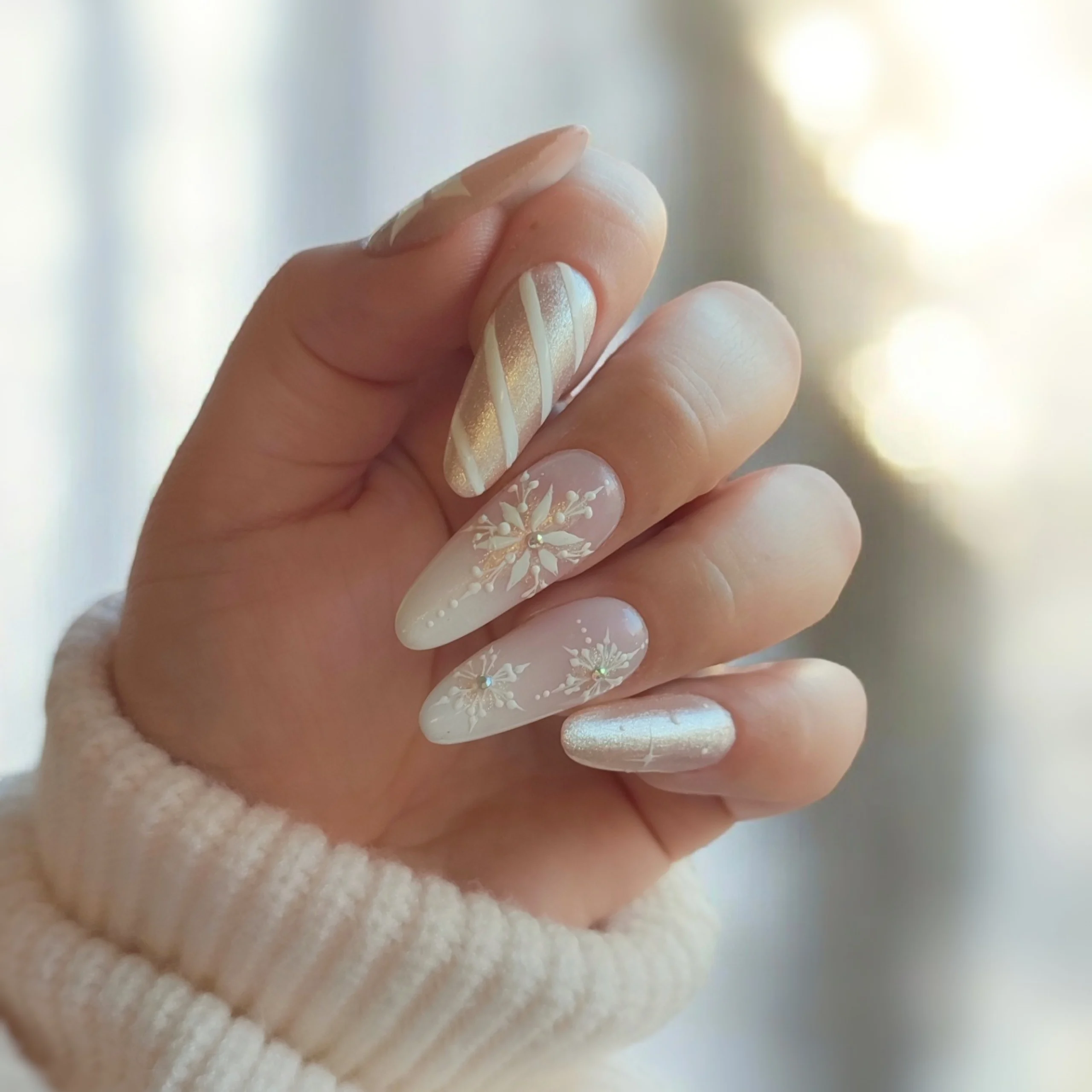Winter Theme Nails with Glitter and Stripes — Winter Nail Colors for Women Over 70