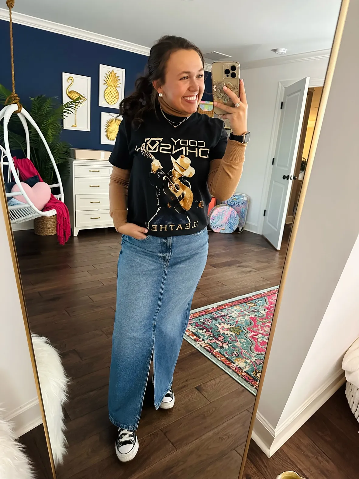Graphic T-Shirt Over Turtleneck with Denim Maxi Skirt: Casual Concert Layering Graphic T-Shirt Over Turtleneck with Denim Maxi Skirt: Casual Concert Layering — Winter Concert Outfits