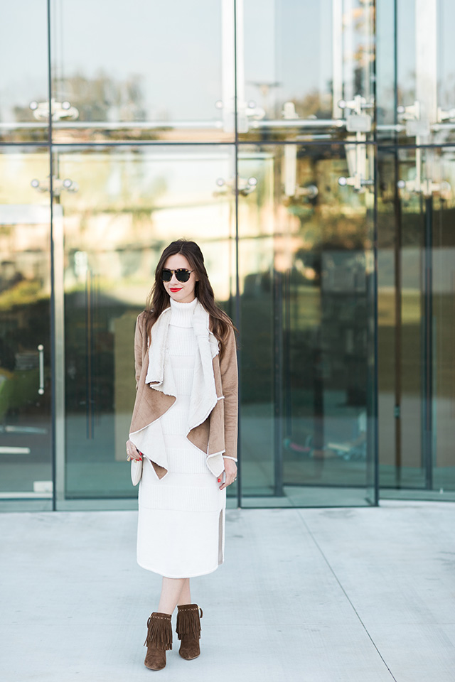 White Turtleneck with Tan Waterfall Jacket and White Midi Skirt — Turtleneck Outfits