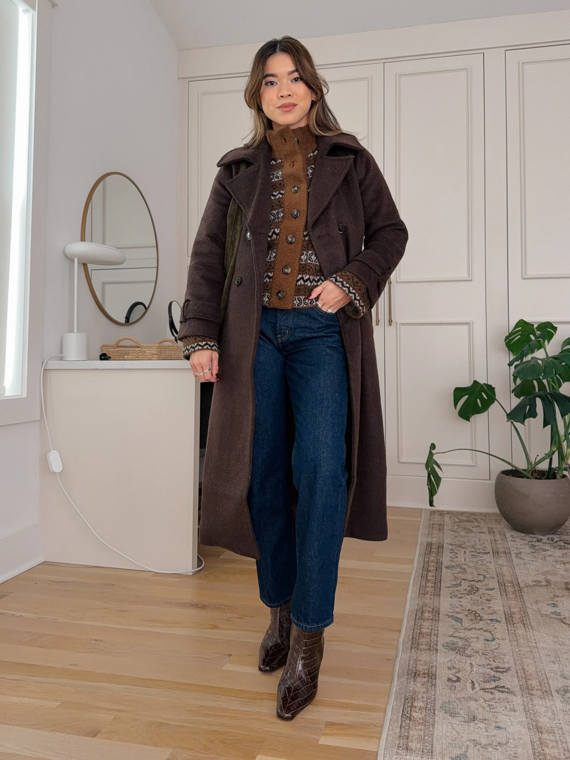 Long Brown Wool Coat and Fair Isle Sweater for a Cozy Winter Ensemble Long Brown Wool Coat and Fair Isle Sweater for a Cozy Winter Ensemble — Winter Outfits for Petite Women
