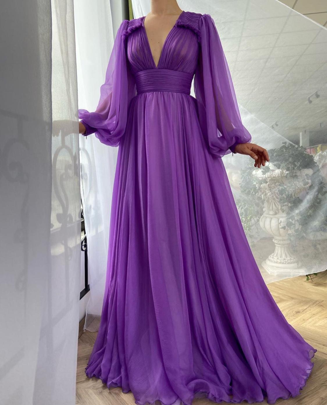 Elegant Royal Purple Chiffon Gown with Voluminous Sleeves Elegant Royal Purple Chiffon Gown with Voluminous Sleeves — Royal Purple Outfits