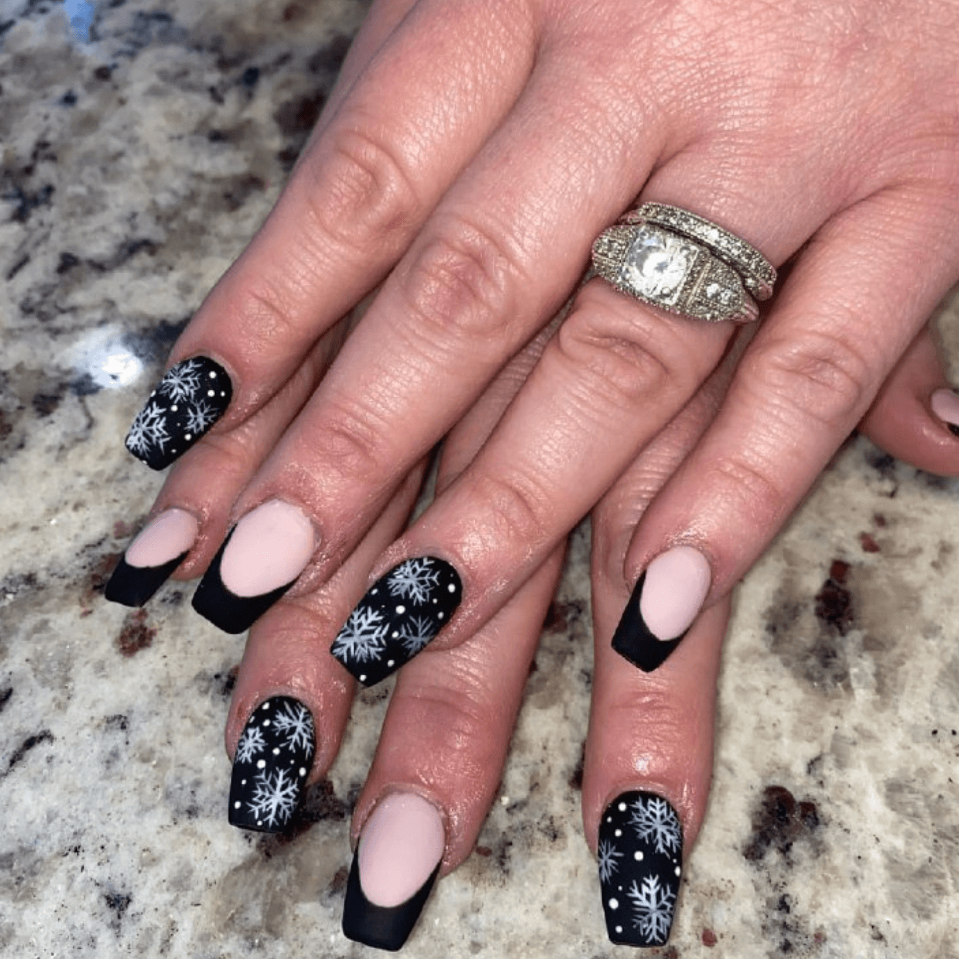 Matte Black French With Snowflakes Matte Black French With Snowflakes — Winter Matte Nails