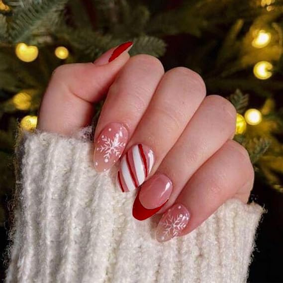 Snowflake Candy Cane Stripe Almonds Snowflake Candy Cane Stripe Almonds — Short Winter Almond Nails