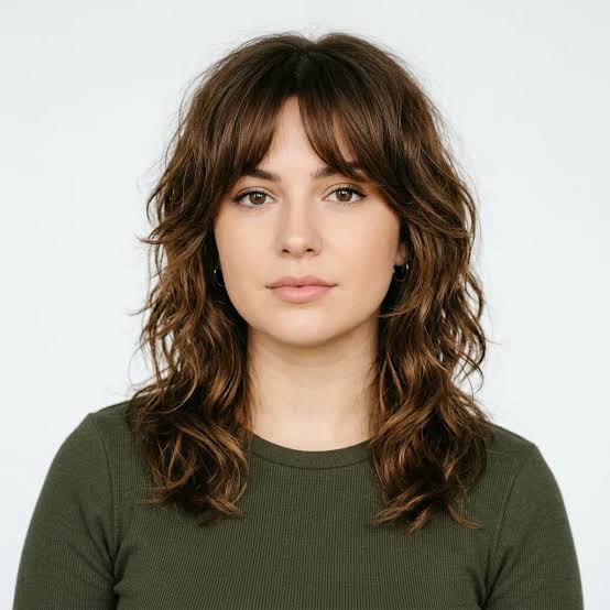 Dark Brown Layered Shag with Curtain Bangs Dark Brown Layered Shag with Curtain Bangs — Winter Haircuts for Oval Faces