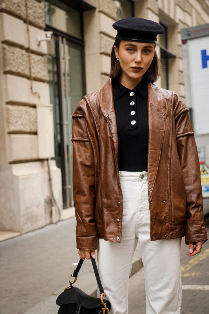 Brown Leather Jacket with Black Beret and White Jeans Brown Leather Jacket with Black Beret and White Jeans — Beret Outfits