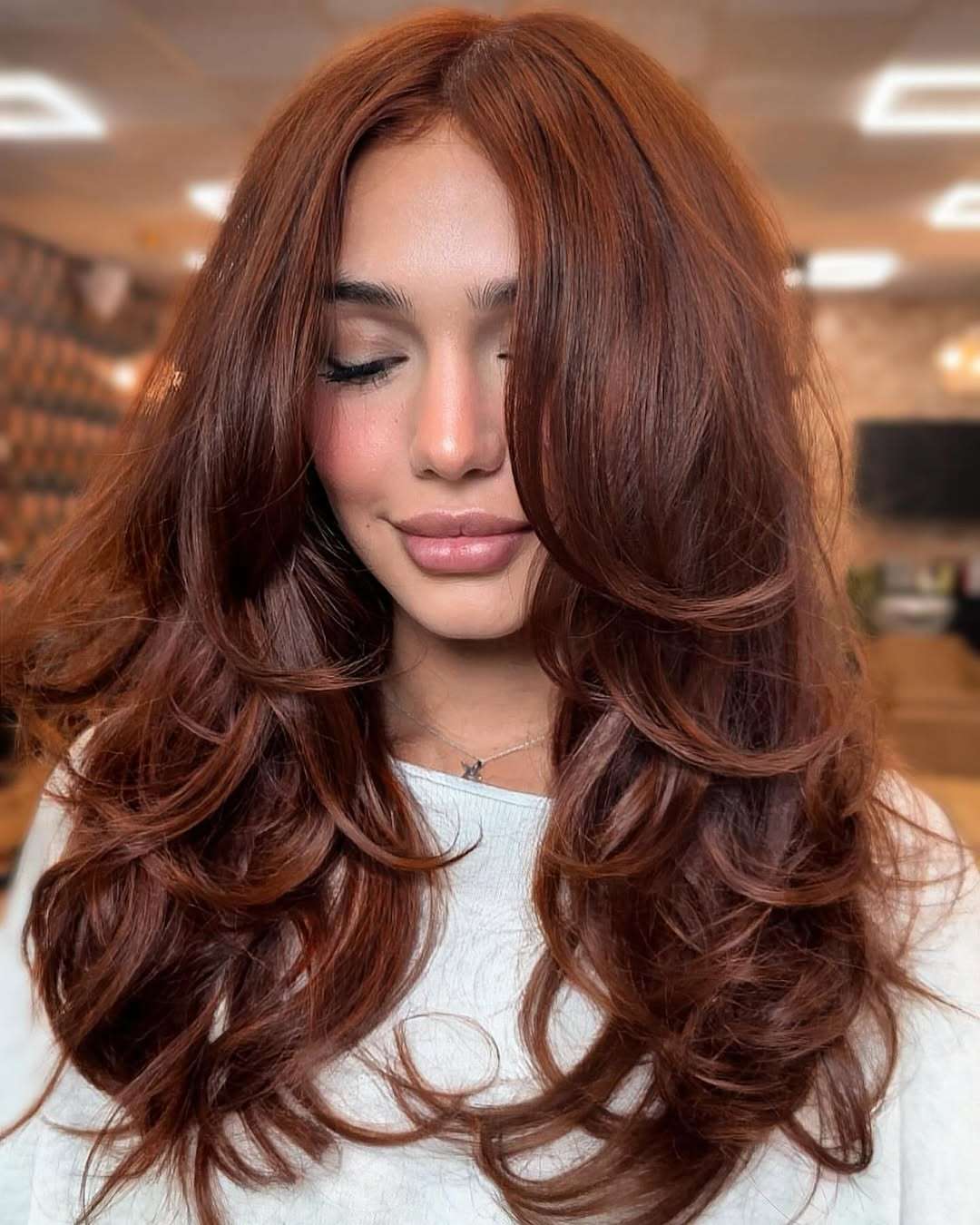Deep Auburn Voluminous Blowout — Winter Hair Colors for Olive Skin