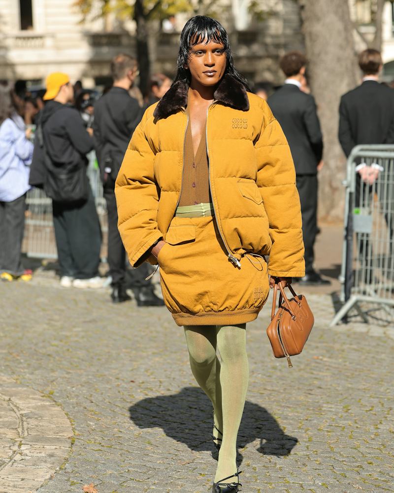 Mustard Yellow Puffer with Mini Skirt and Faux Fur Collar — Long Puffer Coat Outfits