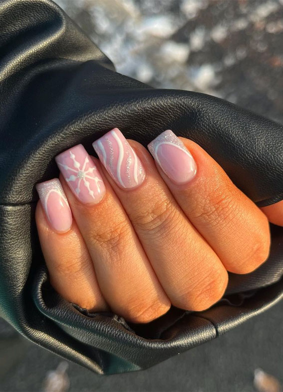 Pale Pink Snowflake Wavy Line Glitter Medium Square Nails Pale Pink Snowflake Wavy Line Glitter Medium Square Nails — Winter Square Nails