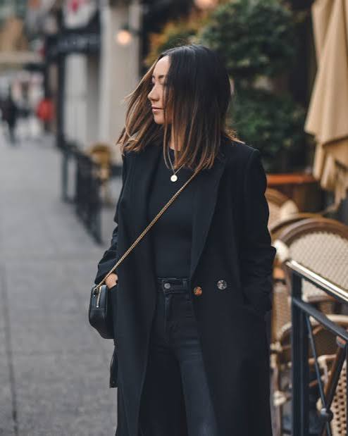 Chic All-Black Ensemble with Double-Breasted Coat — Black Coat Outfits