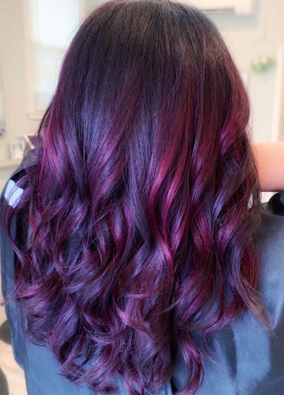 Dark Brown with Red and Purple Highlights Dark Brown with Red and Purple Highlights — Mahogany Hair Color