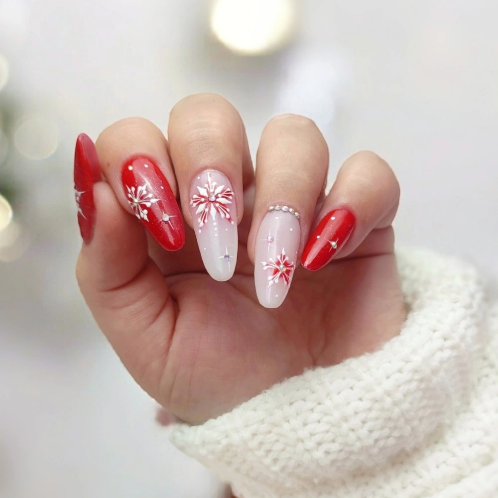 Red Bow Snowflake Rhinestone Nails Red Bow Snowflake Rhinestone Nails — Winter Red Nails