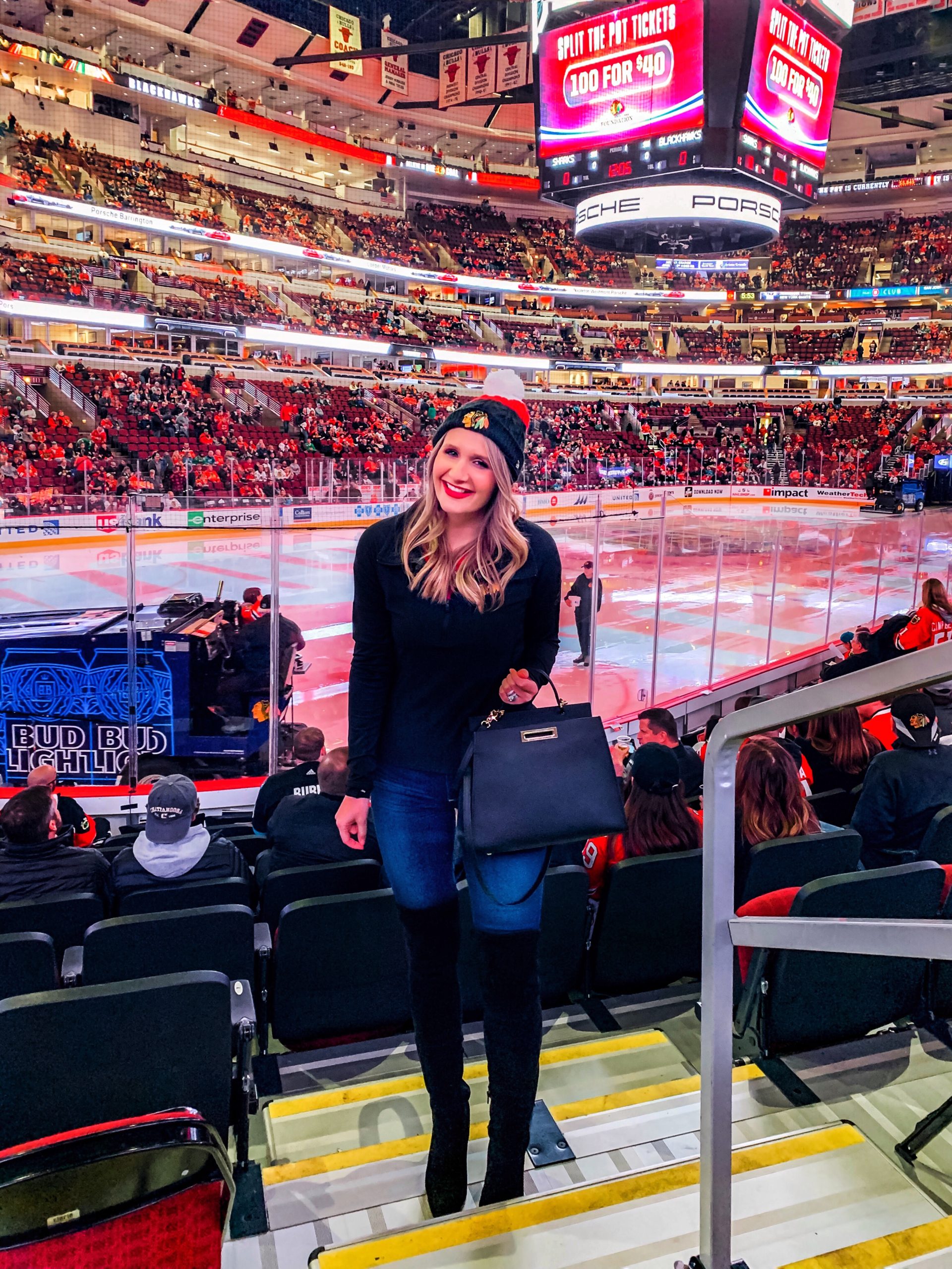 Over-the-Knee Boots and Team Beanie for a Sleek Game Day Look — Hockey Game Outfits