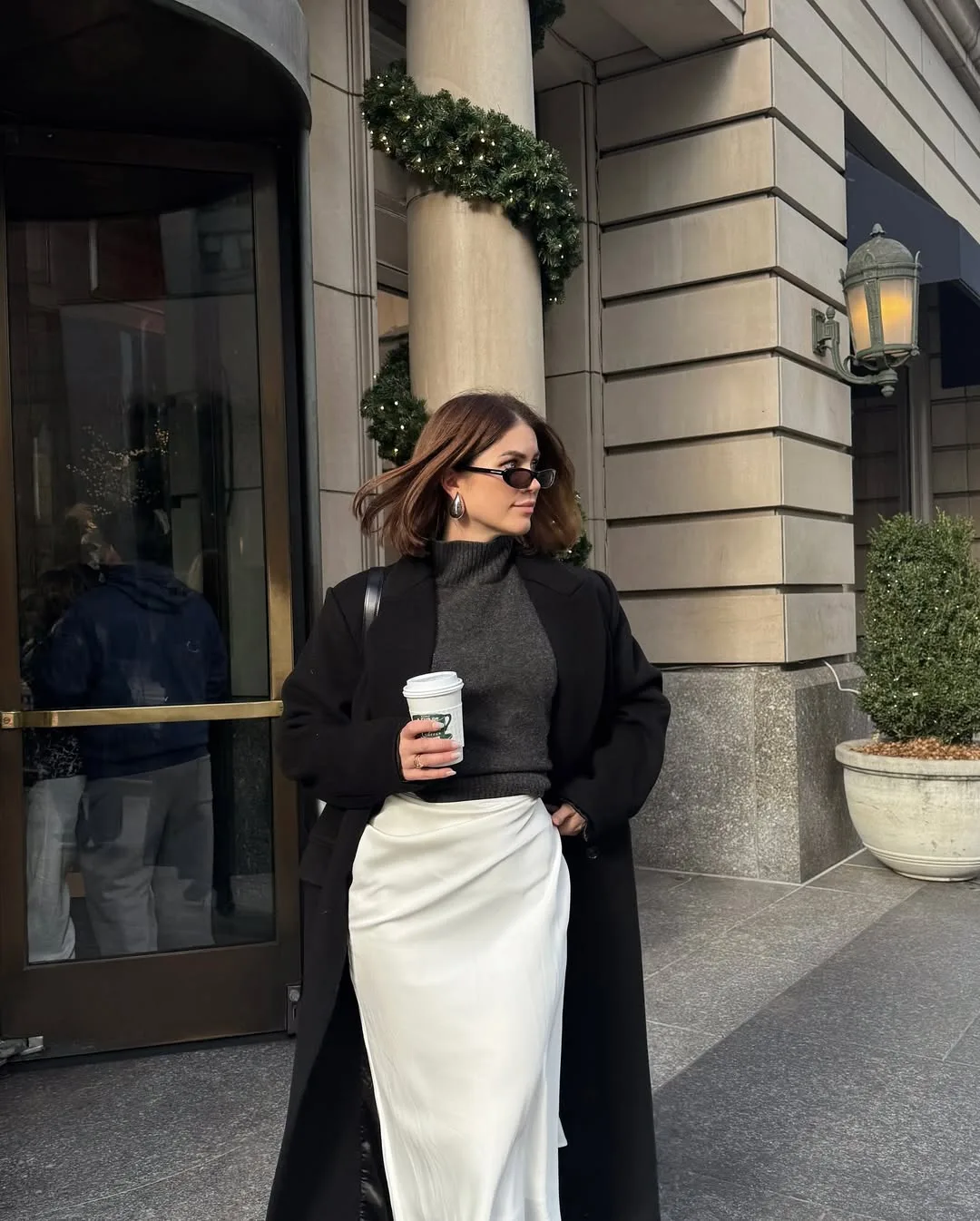 Grey Turtleneck Sweater Black Long Coat Outfit Idea Grey Turtleneck Sweater Black Long Coat Outfit Idea — Winter Church Outfits