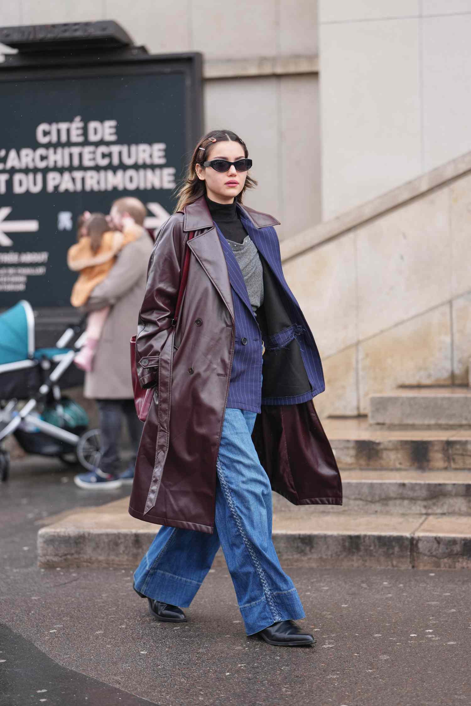 Casual Layers: Burgundy Leather Trench with Pinstripe Blazer Casual Layers: Burgundy Leather Trench with Pinstripe Blazer — Long Coat Outfits