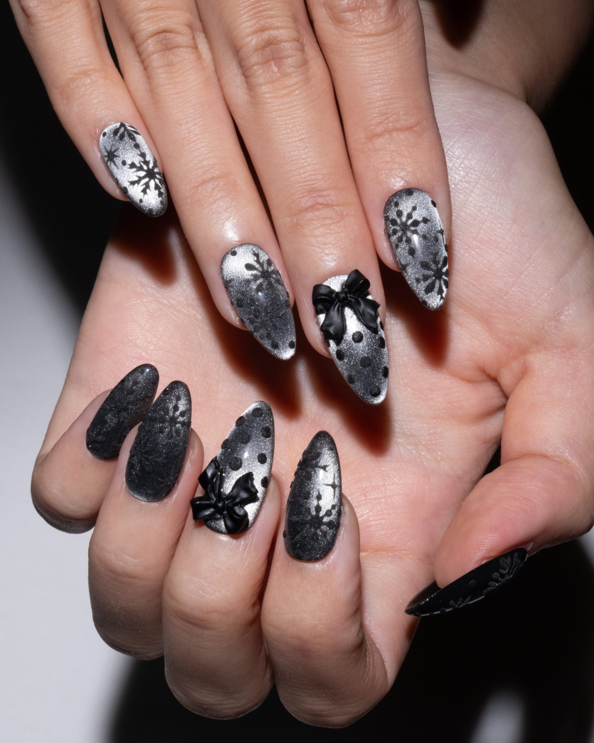 Matte Black Bow and French Tip Almonds Matte Black Bow and French Tip Almonds — Winter Black Nails