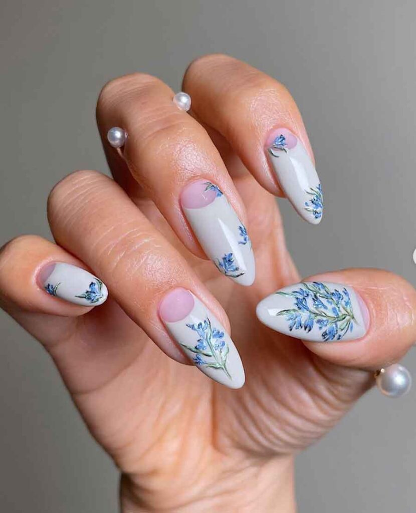 Floral Decal Pink French Stilettos Floral Decal Pink French Stilettos — Long Winter Nails