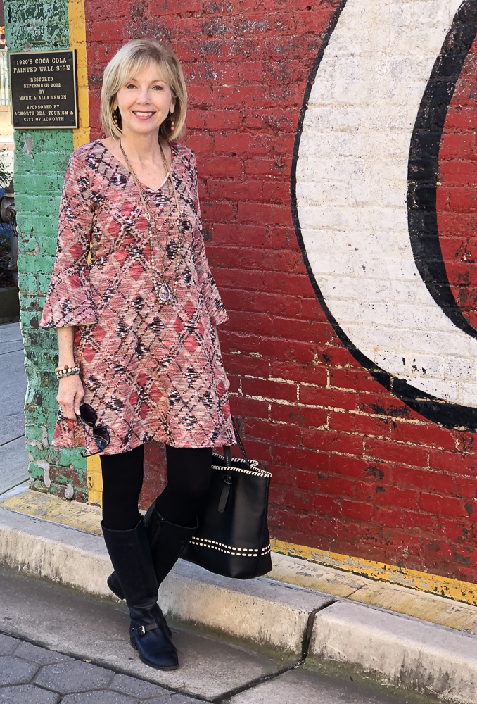 Patterned Sweater Dress with Bell Sleeves Patterned Sweater Dress with Bell Sleeves — Winter Outfits for Women Over 50