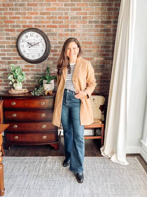 Chic Casual: Camel Coat with Striped Tee and Jeans Chic Casual: Camel Coat with Striped Tee and Jeans — Long Coat Outfits