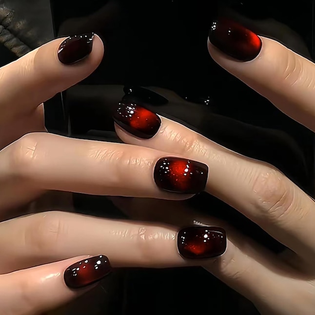 Cat Eye Effect With Red And Black Tones Visual Idea Cat Eye Effect With Red And Black Tones Visual Idea — Short Winter Square Nails