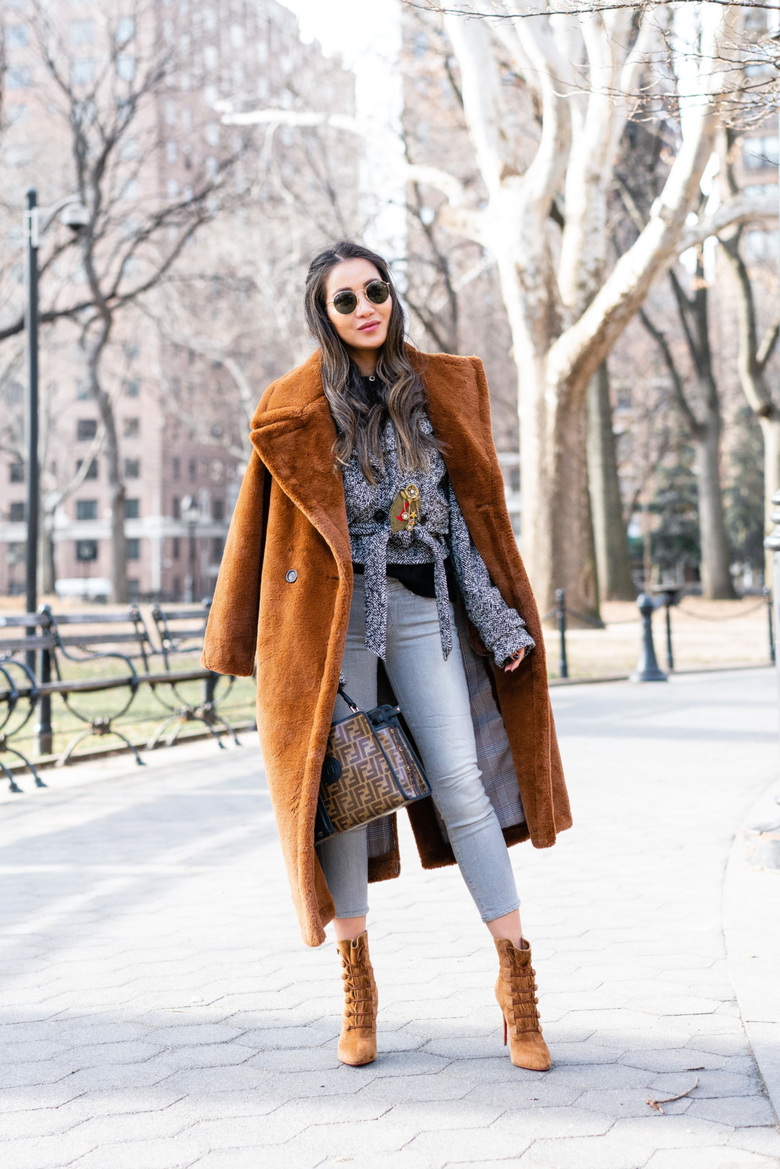 Stylish Comfort: Brown Teddy Coat with Grey Knit — Teddy Coat Outfits