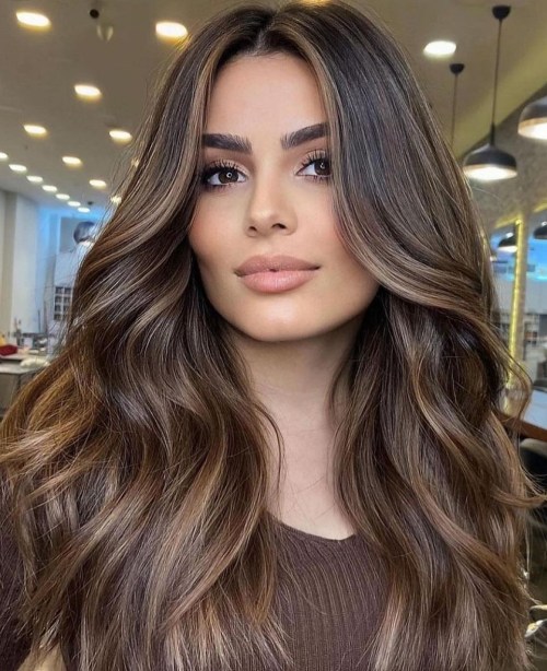 No Bangs Dark Brown With Caramel Highlights No Bangs Dark Brown With Caramel Highlights — Deep Winter Hair Color