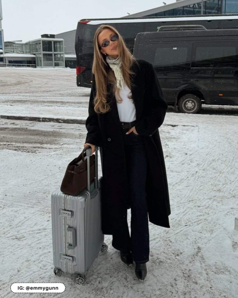 Long Black Wool Coat with White Turtleneck and Wide-Leg Pants — Winter Airport Outfits