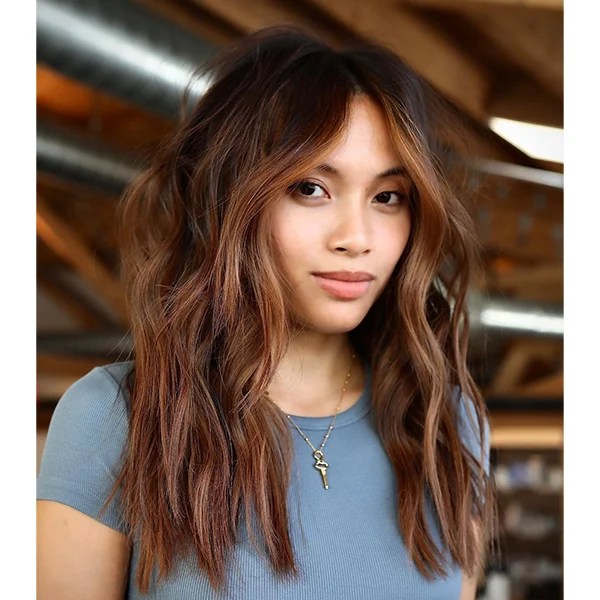 Curtain Bangs Collarbone Shag With Copper Highlights Curtain Bangs Collarbone Shag With Copper Highlights — Winter Haircuts for Wavy Hair